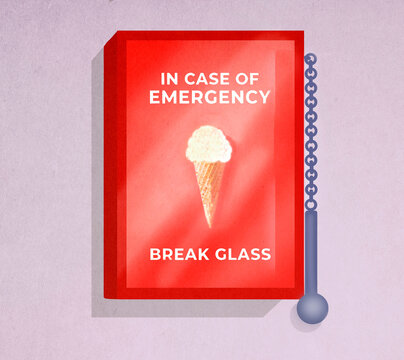 Illustration of ice cream inside safety box with glass breaker