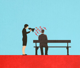 Illustration of woman shouting through megaphone on man sitting on park bench