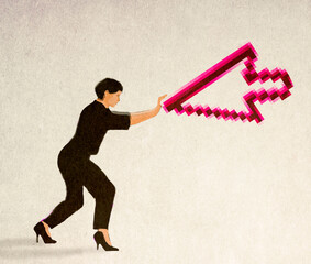 Illustration of woman pushing against oversized computer cursor