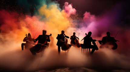 Orchestra performing in cloud colorful dust. Music day banner with musician and musical instrument on stage colorful dust background. Music event, concert classical music, symphony, colorful design