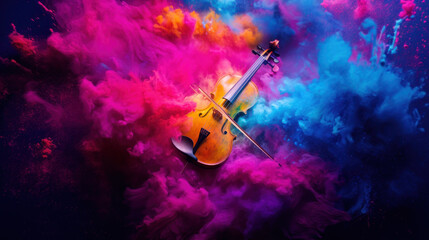 Cello in cloud colorful dust. World music day banner with musician and musical instrument on...