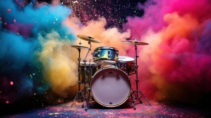 Drum Kit in cloud colorful dust. World music day banner with musician and musical instrument on...