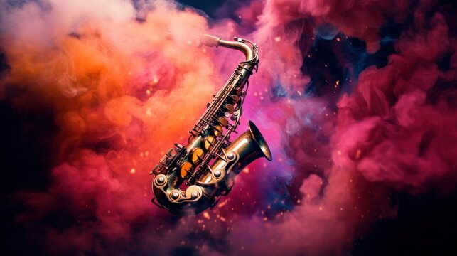 Saxophone in cloud colorful dust. World music day banner with musician and musical instrument on abstract colorful dust background. Music event, Expression, symphony, colorful design