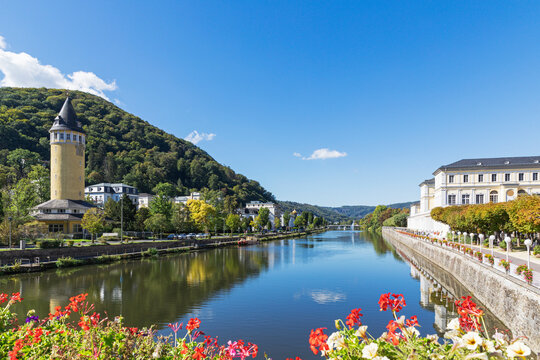 Germany, Rhineland-Palatinate, Bad Ems, Lahnriver and surrounding town in summer