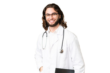 Young handsome man over isolated chroma key background wearing a doctor gown and holding a folder