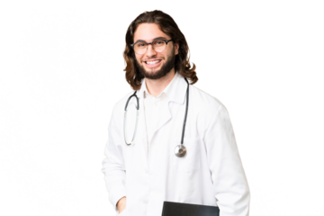 Young handsome man over isolated chroma key background wearing a doctor gown and holding a folder