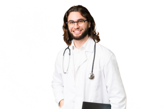 Young handsome man over isolated chroma key background wearing a doctor gown and holding a folder