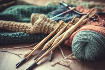 An array of knitting needles and a crochet hook with an unfinished scarf being crafted. Generative AI
