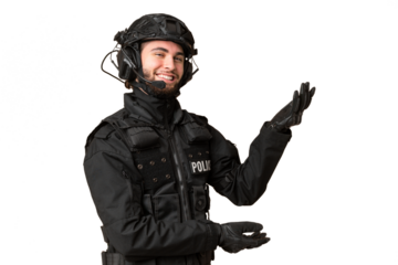 SWAT over isolated chroma key background extending hands to the side for inviting to come