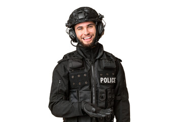 SWAT over isolated chroma key background presenting an idea while looking smiling towards