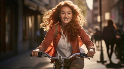 Tourist young woman cycling down the street, Active urban travel cycling concept.