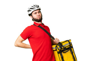 Young delivery man with thermal backpack over isolated chroma key background suffering from backache for having made an effort