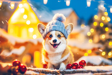 Winter holiday card with cute adorable corgi with knitted hat on blurred snowy winter landscape background with copy space. Christmas or New Year card. Christmas vacations concept