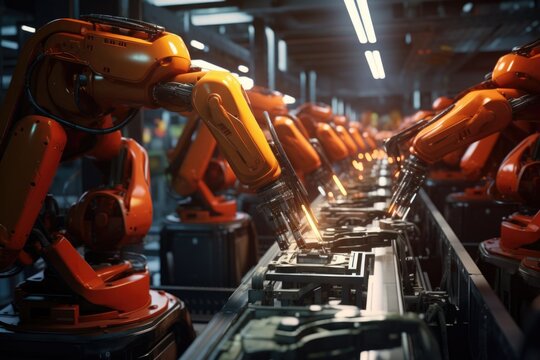 A group of robots working diligently on a conveyor belt. This image can be used to depict automation, manufacturing, or technology in industries.