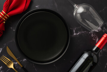 Savor Black Friday dining. Top view of empty plates, utensils, crimson napkin with ring, wine bottle, and glass on black marble backdrop, room for text or advert