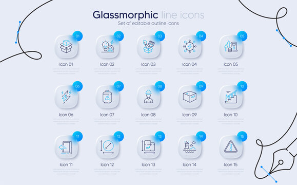 Set Of Entrance, Floor Plan And Office Box Line Icons For Web App. Packing Boxes, Power, Circle Area Icons. Foreman, Brush, Gas Cylinder Signs. Warning, Building Energy, Lightning Bolt. Vector