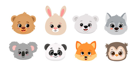 Obraz premium Cute cartoon animals. Panda, fox, bear, koala, rabbit, bunny, owl, polar bear, wolf. Animal heads and faces.