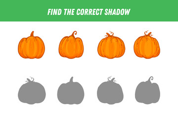 Find correct shadow of pumpkin. Educational logical game for kids. Autumn vegetable. Logic game. Activity page. 