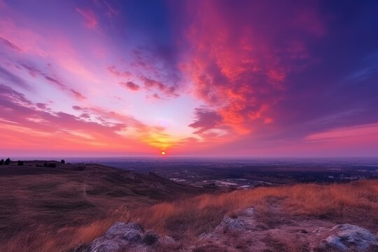 A picturesque sunset over a rolling grassy hill with dramatic clouds filling the sky