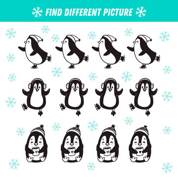 Find different penguin in each row. Christmas Logical game for kids. Cartoon penguin. Doodle.