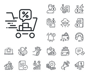 Sale offer sign. Cash money, loan and mortgage outline icons. Discounts cart line icon. Promotion price symbol. Discounts cart line sign. Credit card, crypto wallet icon. Inflation, job salary. Vector
