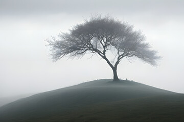 A solitary tree standing tall on a mist-covered hill, its branches reaching for the sky. Convey a sense of resilience and solitude