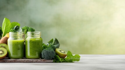 Glass jar mug with green health smoothie, kale leaves, lime, apple, kiwi, grapes, banana, avocado, lettuce. Copy space. Raw, vegan, vegetarian, alkaline food concept.