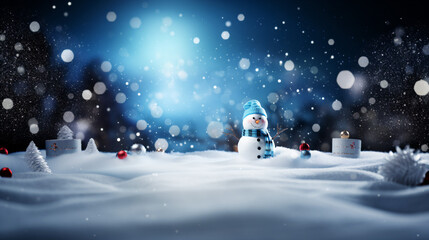 青がテーマの雪景色とキラキラしたボケの背景にかわいい青い帽子とマフラーの雪だるま　クリスマス素材、余白多め