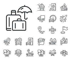 Suitcase bag sign. Plane, supply chain and place location outline icons. Luggage insurance line icon. Baggage protect symbol. Luggage insurance line sign. Taxi transport, rent a bike icon. Vector