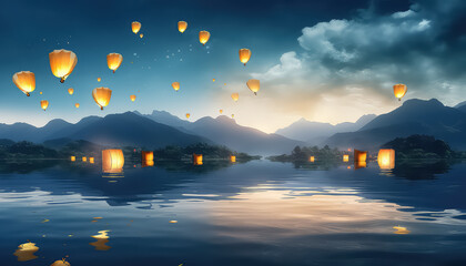 A lot of Chinese lanterns over the river, the concept of the New Year - obrazy, fototapety, plakaty