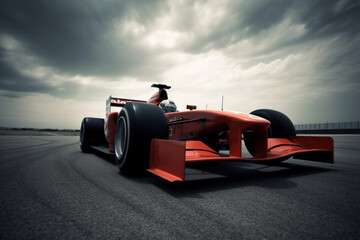 a race car on a road with dramatic sky