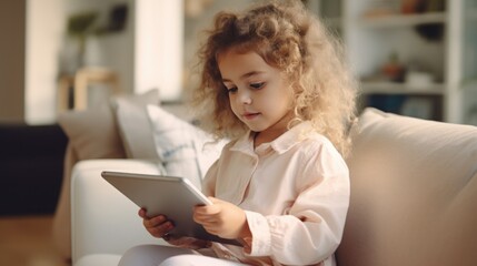 Toddler girl playing tablet on couch at home, Child and electronic devices concept.