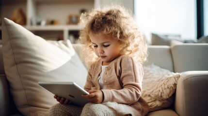 Toddler girl playing tablet on couch at home, Child and electronic devices concept. - obrazy, fototapety, plakaty