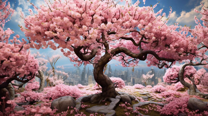 Sakura tree a beautiful pink landscape - obrazy, fototapety, plakaty