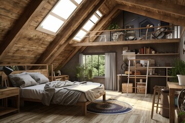 Obraz na płótnie Canvas Bedroom with pallet furniture and truss loft - 3D visualization. Generative AI