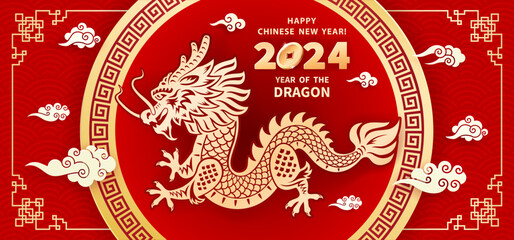 Dragon is a symbol of the 2024 Chinese New Year. Horizontal Holiday banner with Dragon, golden coins and clouds. Traditional frame on red background. The wish of prosperity, wealth, monetary luck - 656952533