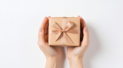 Woman hands holding small gift box isolated on a white background, top view
