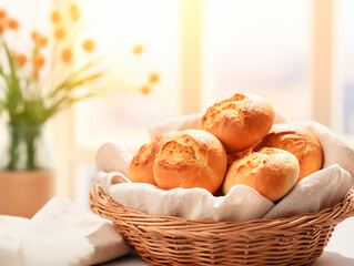 Basket with tasty buns on table in kitchen, closeup