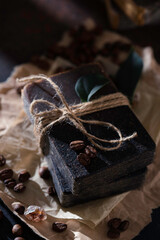 Handmade soap bars with coffee. Organic soap. Spa treatments. Eco-friendly natural craft cosmetics. Selective focus