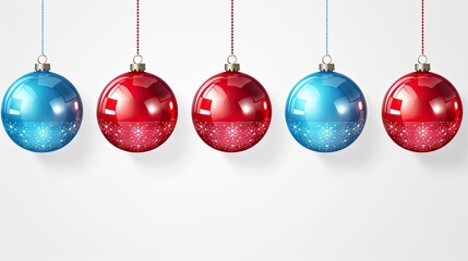 Blue and red illustration of Christmas ball ornaments hanging against an isolated background. Generative AI