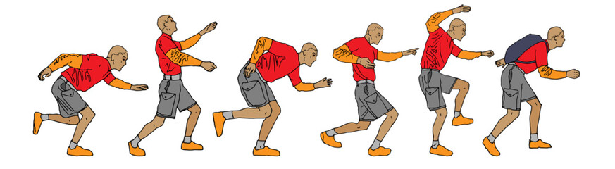 The guy runs, sneaking. A set of line hand drawn man figures. Vector flat illustration.