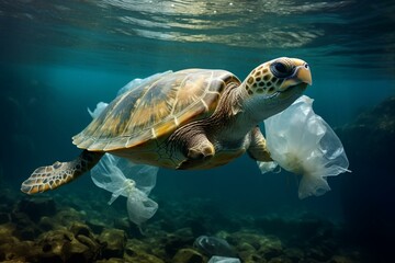turtle trapped plastic ocean, environmental issue, wildlife protection, animals endangered. Generative AI