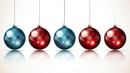 Blue and red illustration of Christmas ball ornaments hanging against an isolated background. Generative AI