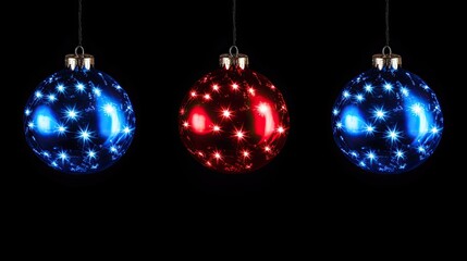Fototapeta na wymiar Blue and red illustration of Christmas ball ornaments hanging against an isolated background. Generative AI