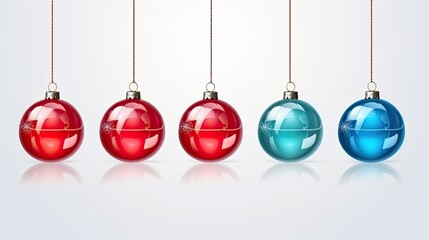 Blue and red illustration of Christmas ball ornaments hanging against an isolated background. Generative AI