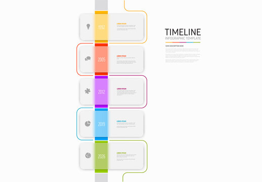 Five opaque light rounded rectangles vertical timeline process infographic
