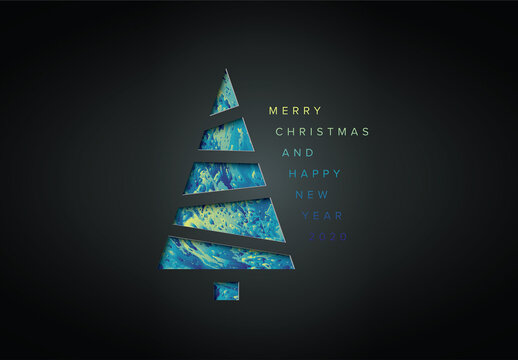 Minimalistic Dark Christmas card with colorful christmas tree cut from the paper