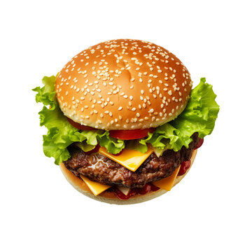 cheeseburger in top perspective, transparent background, isolated image, generative AI

