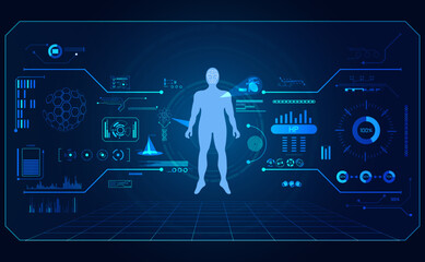 abstract technology ui futuristic concept human health hud interface hologram elements of digital data chart, communication, computing and circle percent vitality innovation on hi tech