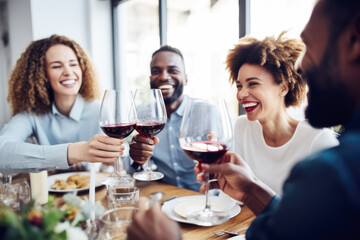 Group of friends toasting with red wine glasses at a festive lunch party